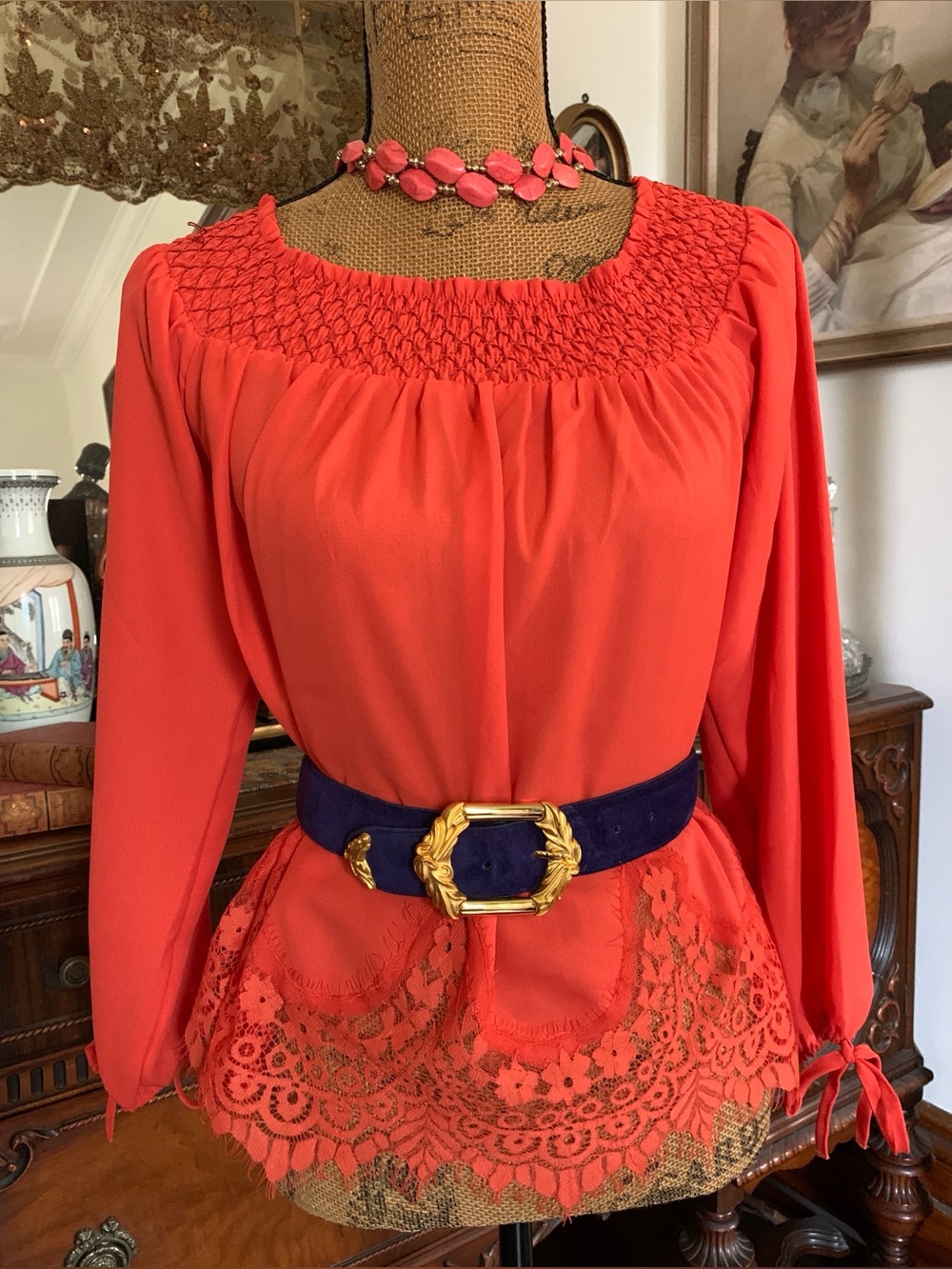 Pre-loved Abercrombie & Fitch Coral Orange Lace On/Off-shoulder Blouse